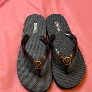Michael Kors Glittery Black Flip Flops with Gold Logo